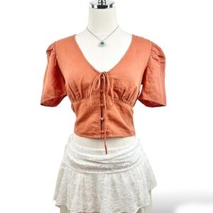 Levis Women XS Tie Front Cropped Puff Sleeve Blouse Terracotta Orange Minimalist